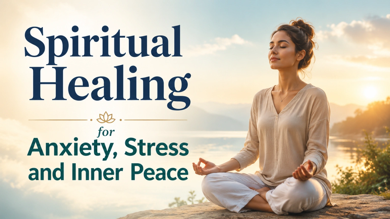 Woman meditating by a calm lake for spiritual healing, anxiety relief, stress relief and inner peace.