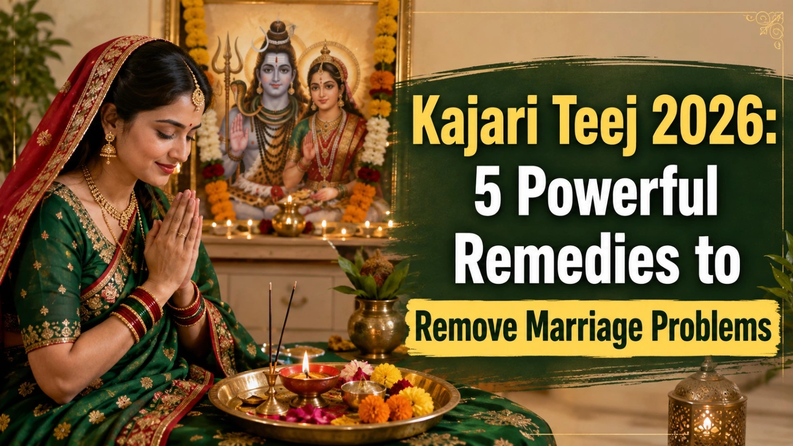 Married woman performing Kajari Teej puja before Lord Shiva and Maa Parvati with diya and flowers, highlighting 5 powerful Kajari Teej 2026 remedies for marriage problems.