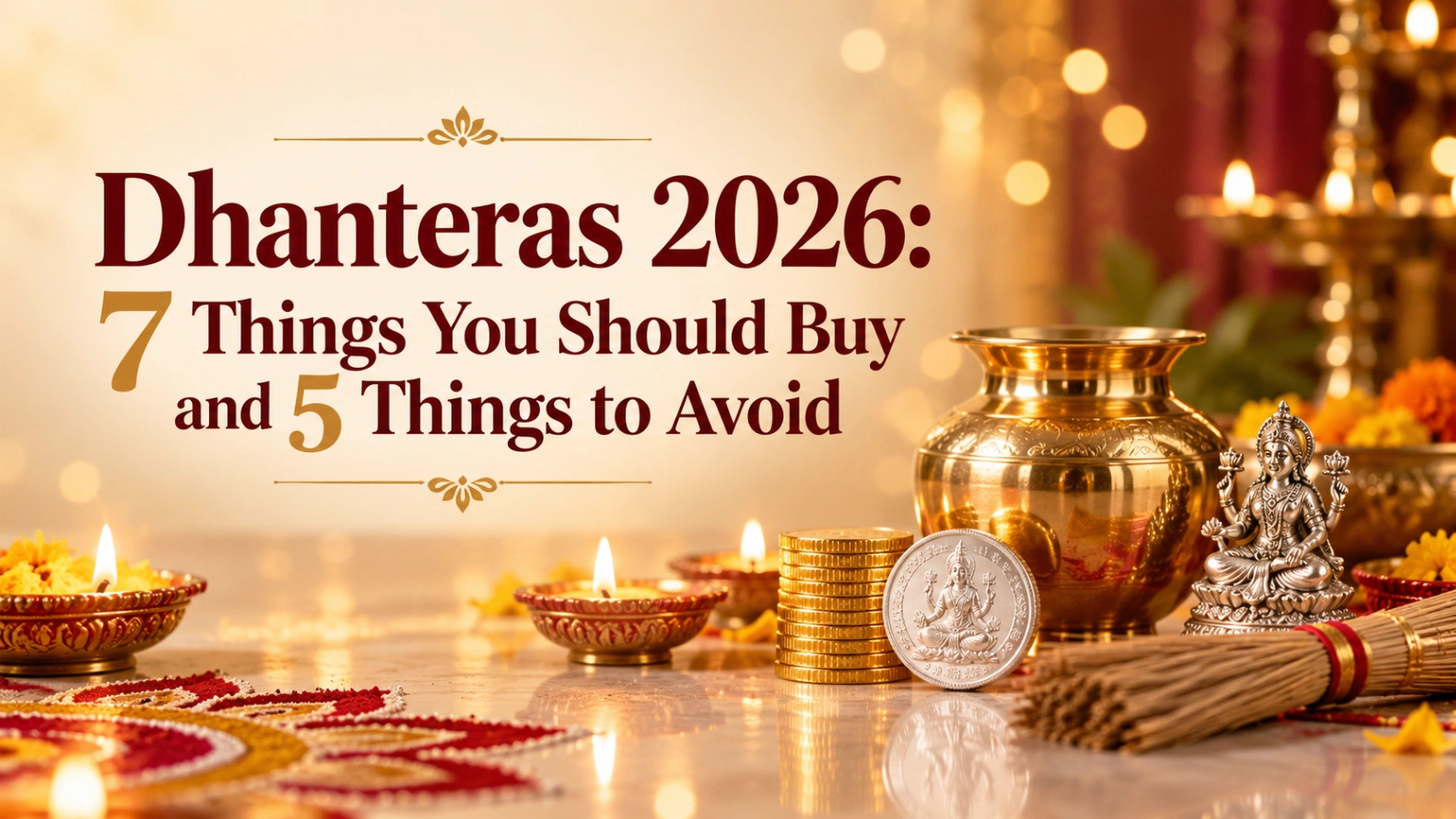 Dhanteras 2026 festive banner featuring diyas, gold and silver coins, a brass pot, Lakshmi idol, rangoli and broom with the title “7 Things You Should Buy and 5 Things to Avoid.”