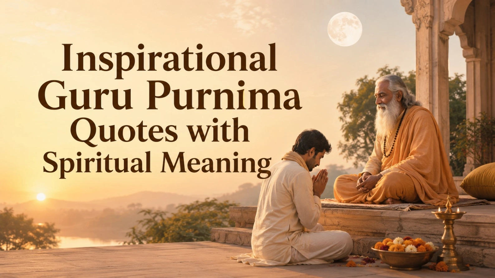 A disciple bows before a spiritual guru under a full moon, with the title Inspirational Guru Purnima Quotes with Spiritual Meaning.