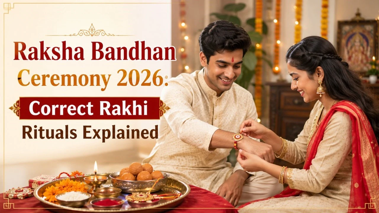 Sister tying Rakhi on her brother’s wrist during Raksha Bandhan Ceremony 2026, with a traditional puja thali, diya, sweets, roli and festive decorations.