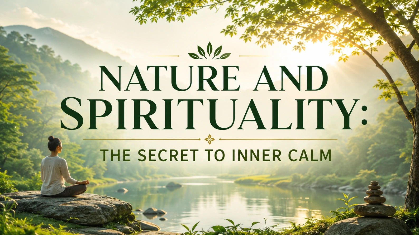 A peaceful person meditating beside a calm river in a lush green forest with sunlight, mountains, stacked stones, and the bold title “Nature and Spirituality: The Secret to Inner Calm.”