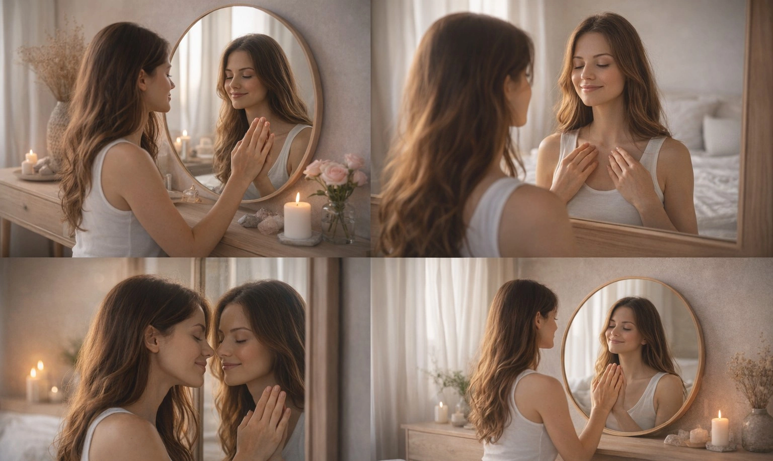 Woman practicing mirror affirmations in a soft, minimalist bedroom, gently touching her reflection and smiling peacefully in natural daylight.