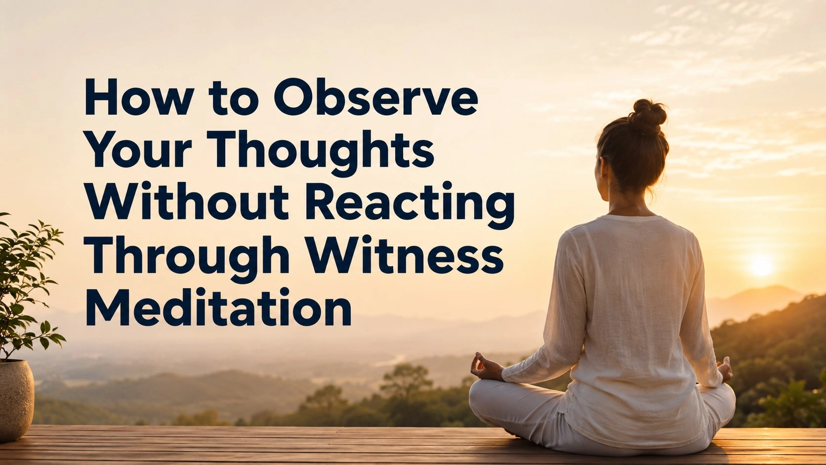 A person meditating peacefully at sunrise with bold text reading How to Observe Your Thoughts Without Reacting Through Witness Meditation.