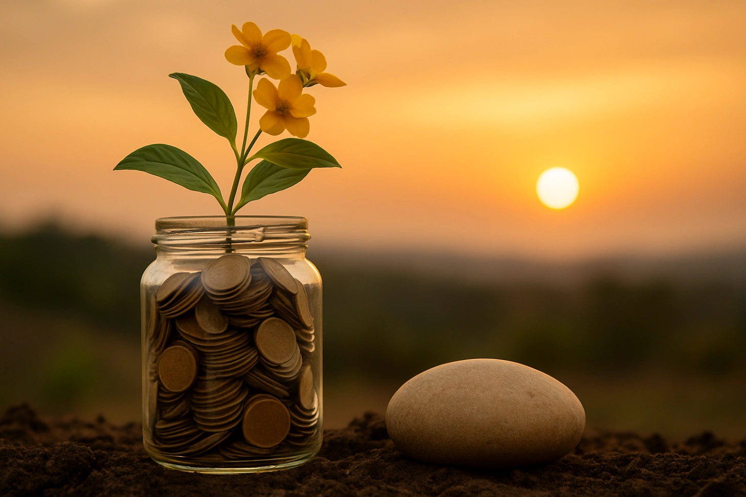 “A realistic 16:9 photograph of a glass jar filled with coins placed on soil, with a small yellow flowering plant growing from the jar. Beside it lies a smooth stone. The background features a warm golden sunset with the sun low on the horizon, creating a peaceful and hopeful atmosphere