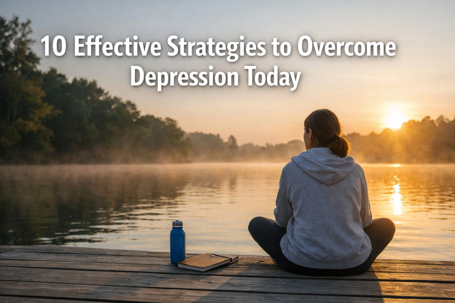 A calm, minimalistic 16:9 image showing a person sitting cross-legged on a wooden dock by a peaceful lake during sunrise, facing the water. Soft golden light and mist create a soothing atmosphere, symbolizing hope and healing. A water bottle and notebook lie beside them. Bold white text at the top reads: “10 Effective Strategies to Overcome Depression Today.”