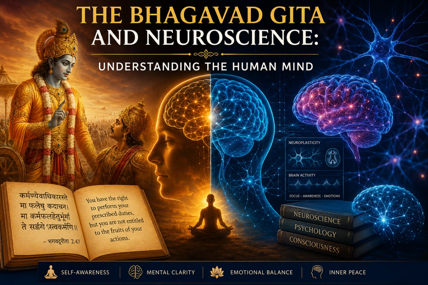 Digital banner showing Lord Krishna, Arjuna, a glowing human brain, neurons, meditation, and the title “The Bhagavad Gita and Neuroscience: Understanding the Human Mind.”