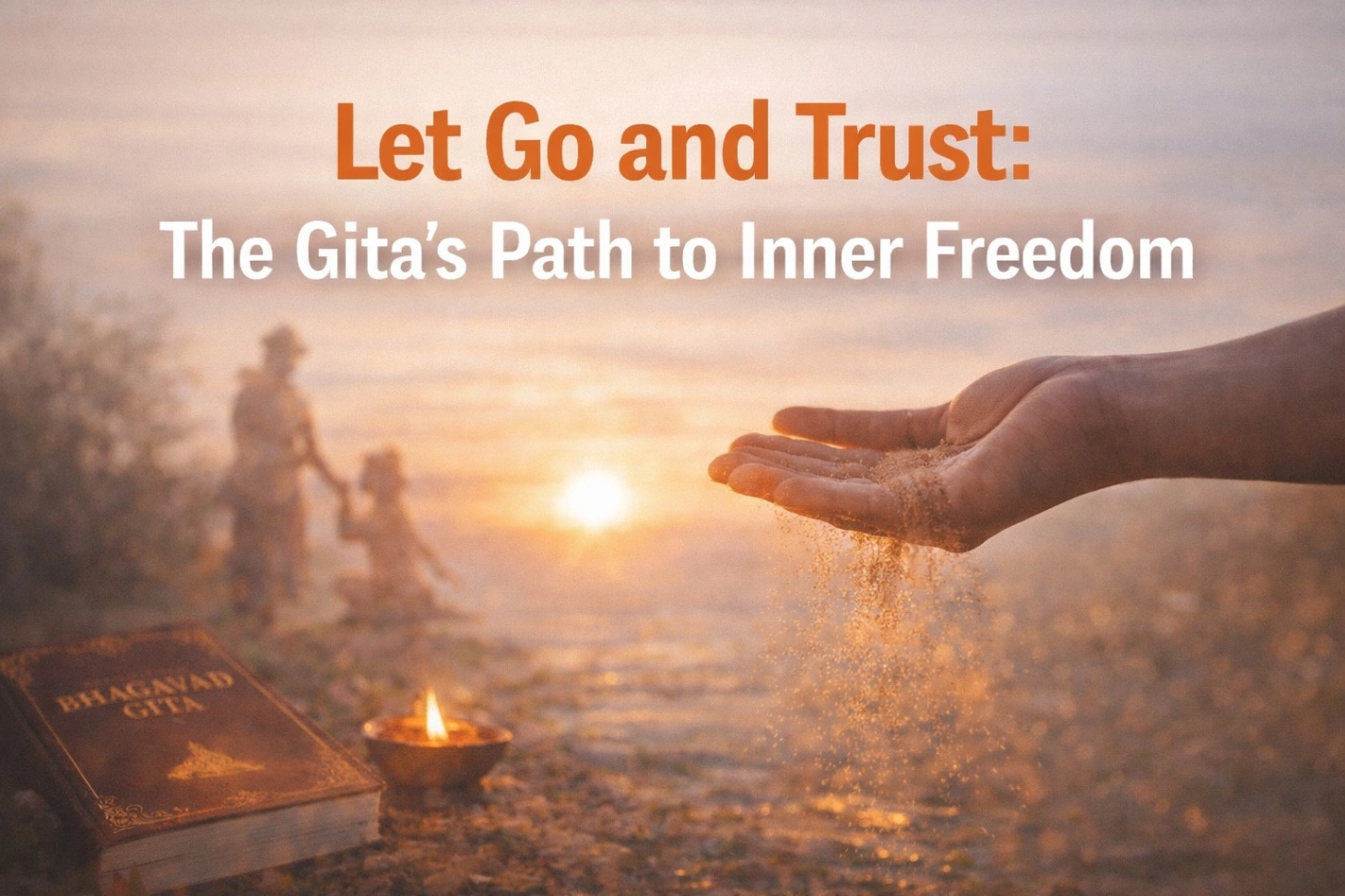 Bhagavad Gita surrender thumbnail showing hand releasing sand, diya lamp, and Krishna Arjuna silhouette at sunset, representing letting go, trust, and inner freedom.