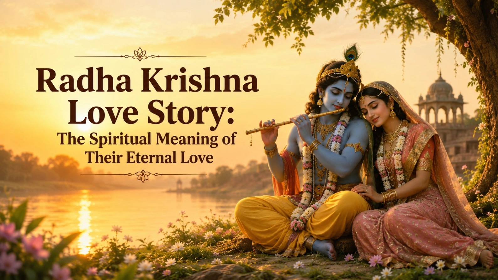 Radha and Krishna sitting beside the Yamuna at sunset, symbolizing their eternal divine love, spiritual connection, and sacred Radha Krishna love story.