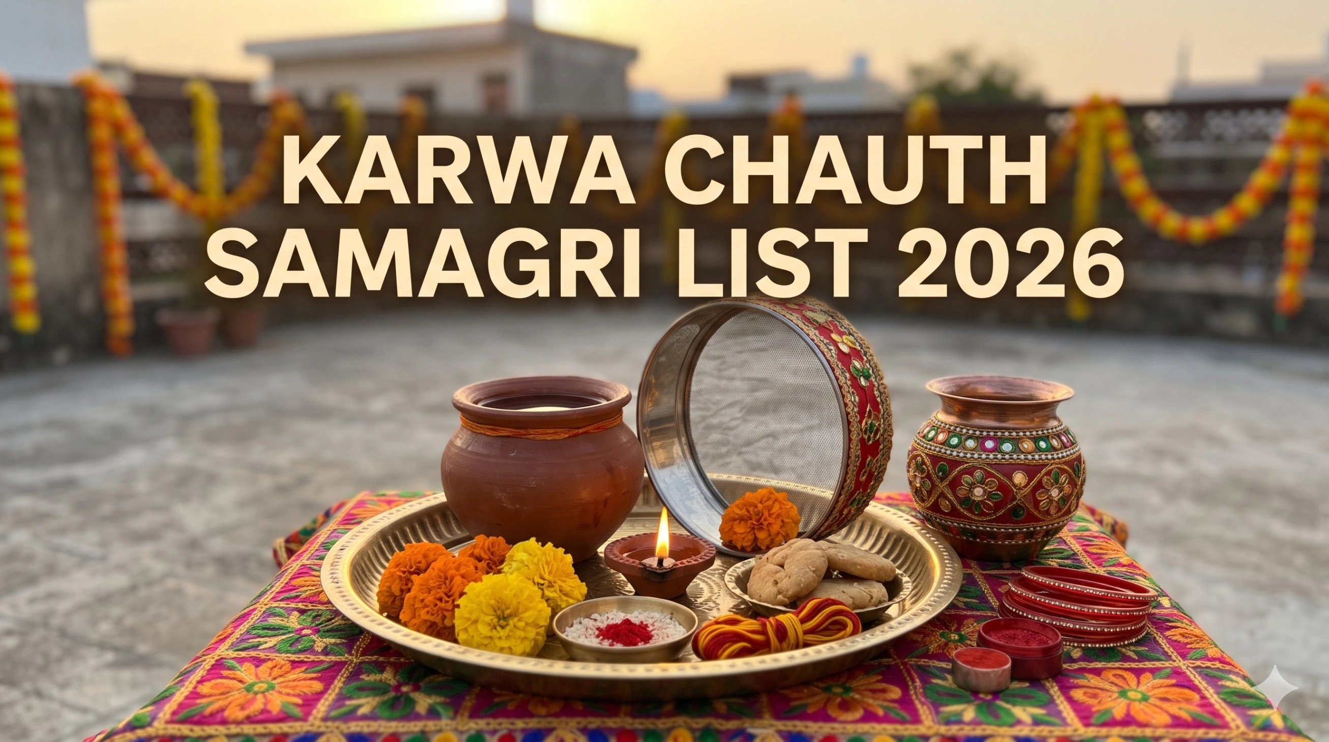 Karwa Chauth Samagri List 2026 with traditional puja thali, karwa, diya, sweets, flowers, and essential vrat puja items.