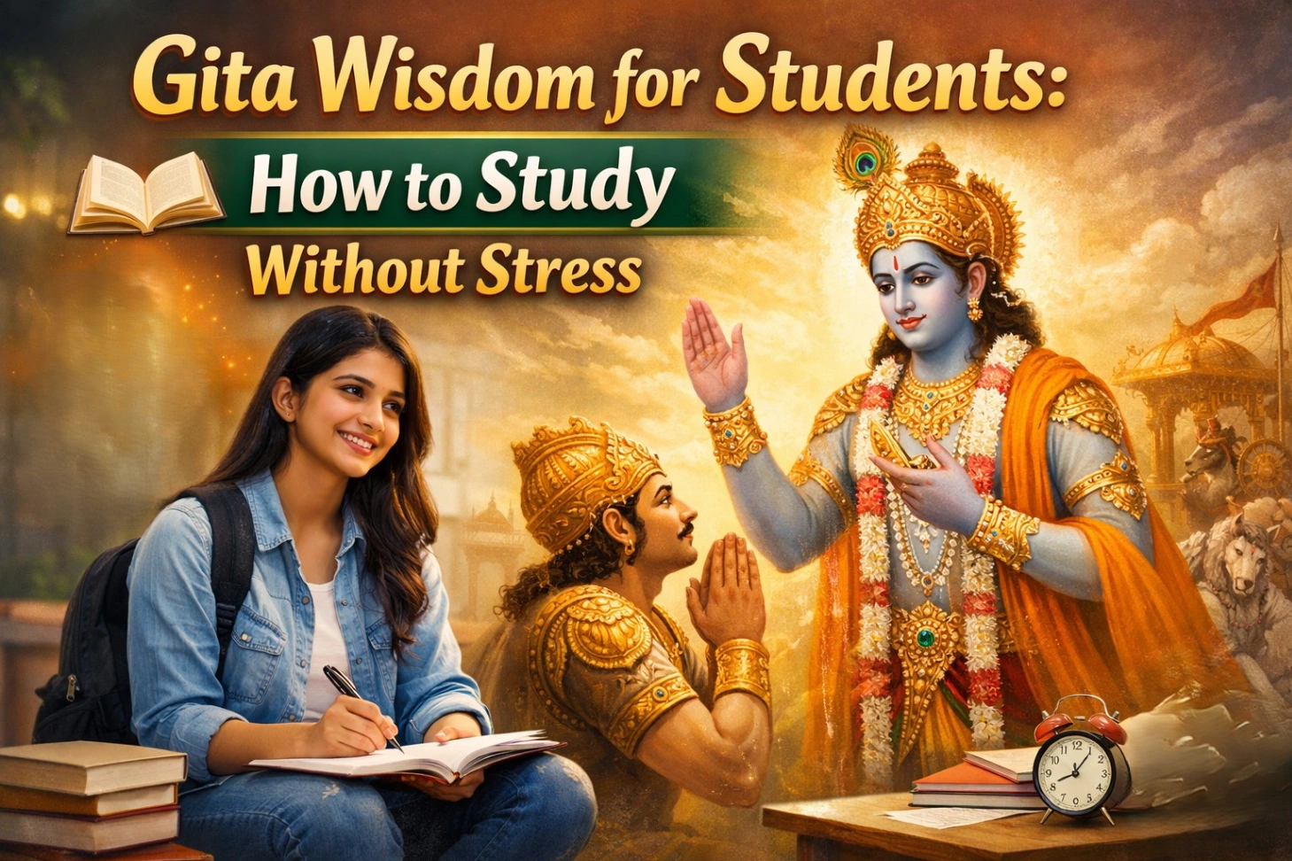 Thumbnail for the blog “Gita Wisdom for Students: How to Study Without Stress” showing a calm young female student writing in a notebook with books beside her, while Lord Krishna is depicted blessing Arjuna in a radiant spiritual scene in the background, symbolizing guidance, focus, and stress-free learning.