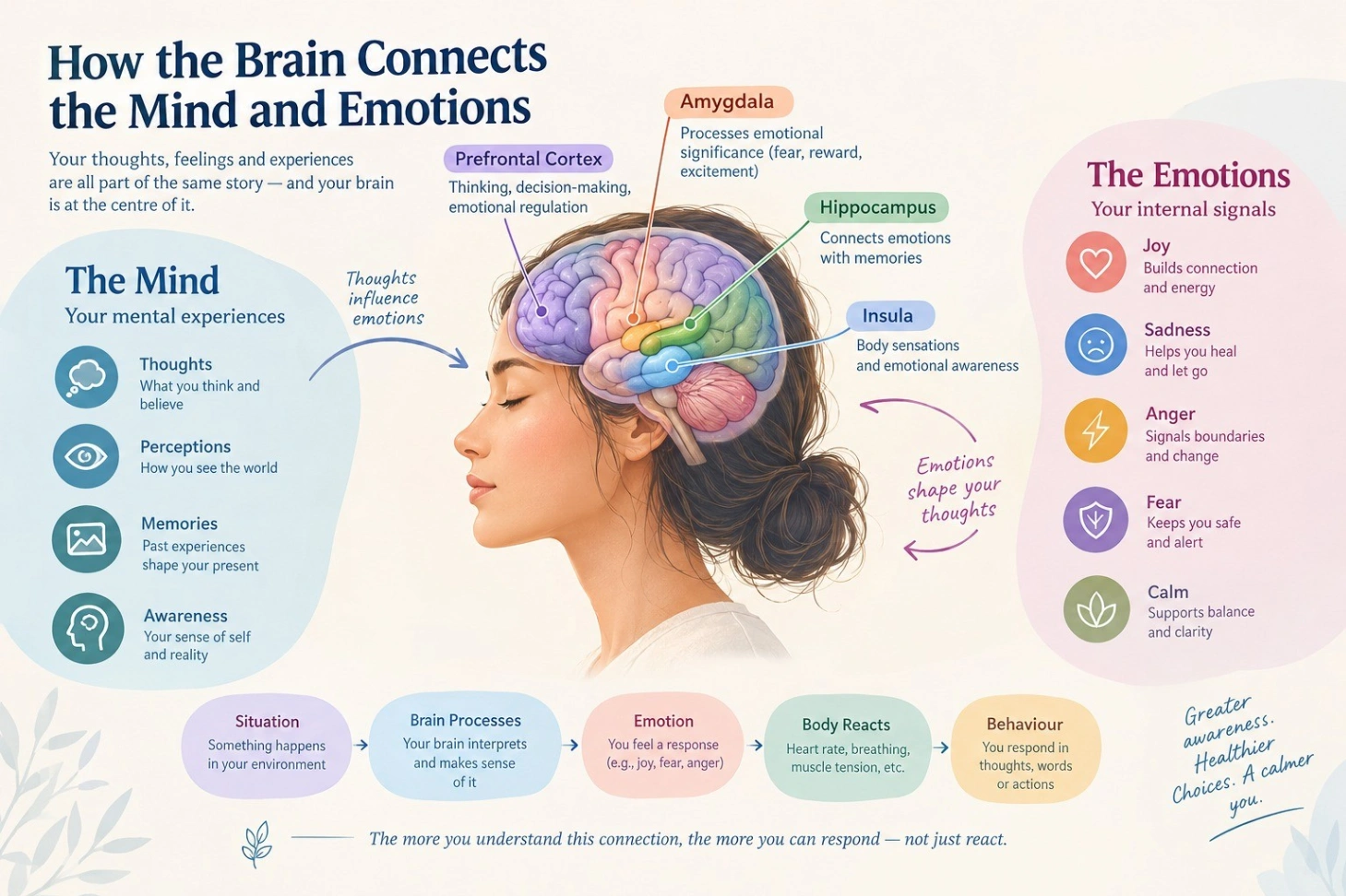 Infographic explaining how the brain connects the mind and emotions, illustrating the roles of the amygdala, prefrontal cortex, hippocampus, and insula in thoughts, memories, emotional responses, and behaviour.