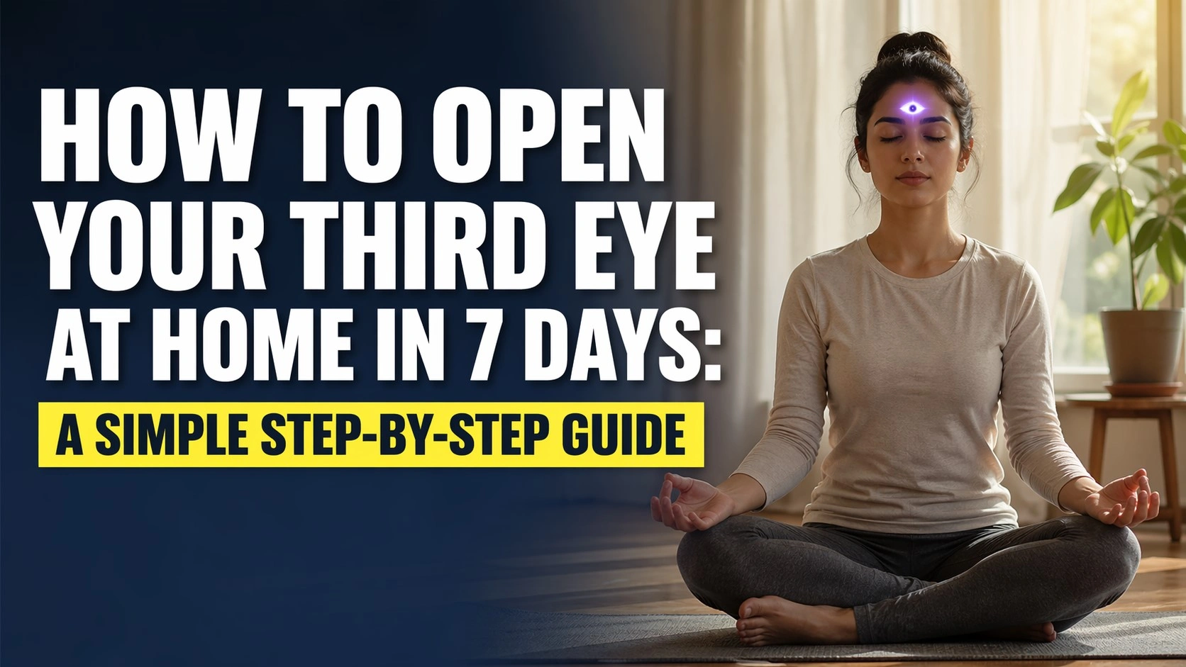 A calm, minimal 16:9 thumbnail showing a woman meditating indoors with eyes closed, a glowing third eye on her forehead, and bold text reading “How to Open Your Third Eye at Home in 7 Days: A Simple Step-by-Step Guide.”