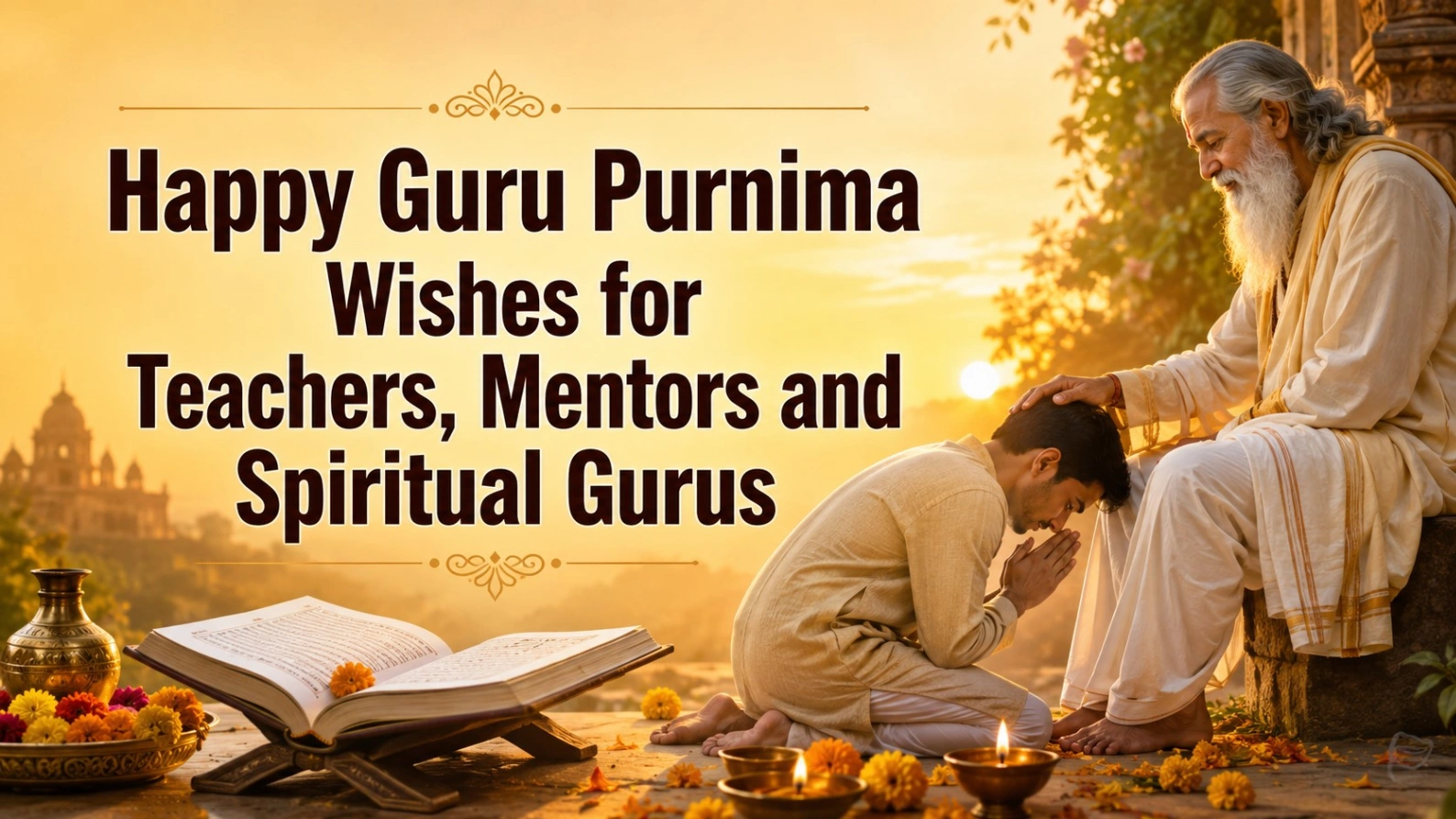 Guru Purnima wishes for teachers, mentors and spiritual gurus, featuring a disciple receiving blessings from a guru beside sacred scriptures, diyas and marigold flowers.