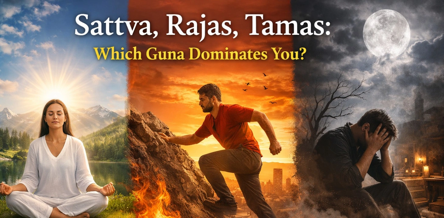 Realistic 16:9 illustration showing the three gunas—Sattva as a calm person meditating in a serene natural landscape, Rajas as an energetic person climbing a mountain amid fire and sunset, and Tamas as a person sitting in darkness under the moon—symbolizing different human states of mind and consciousness.