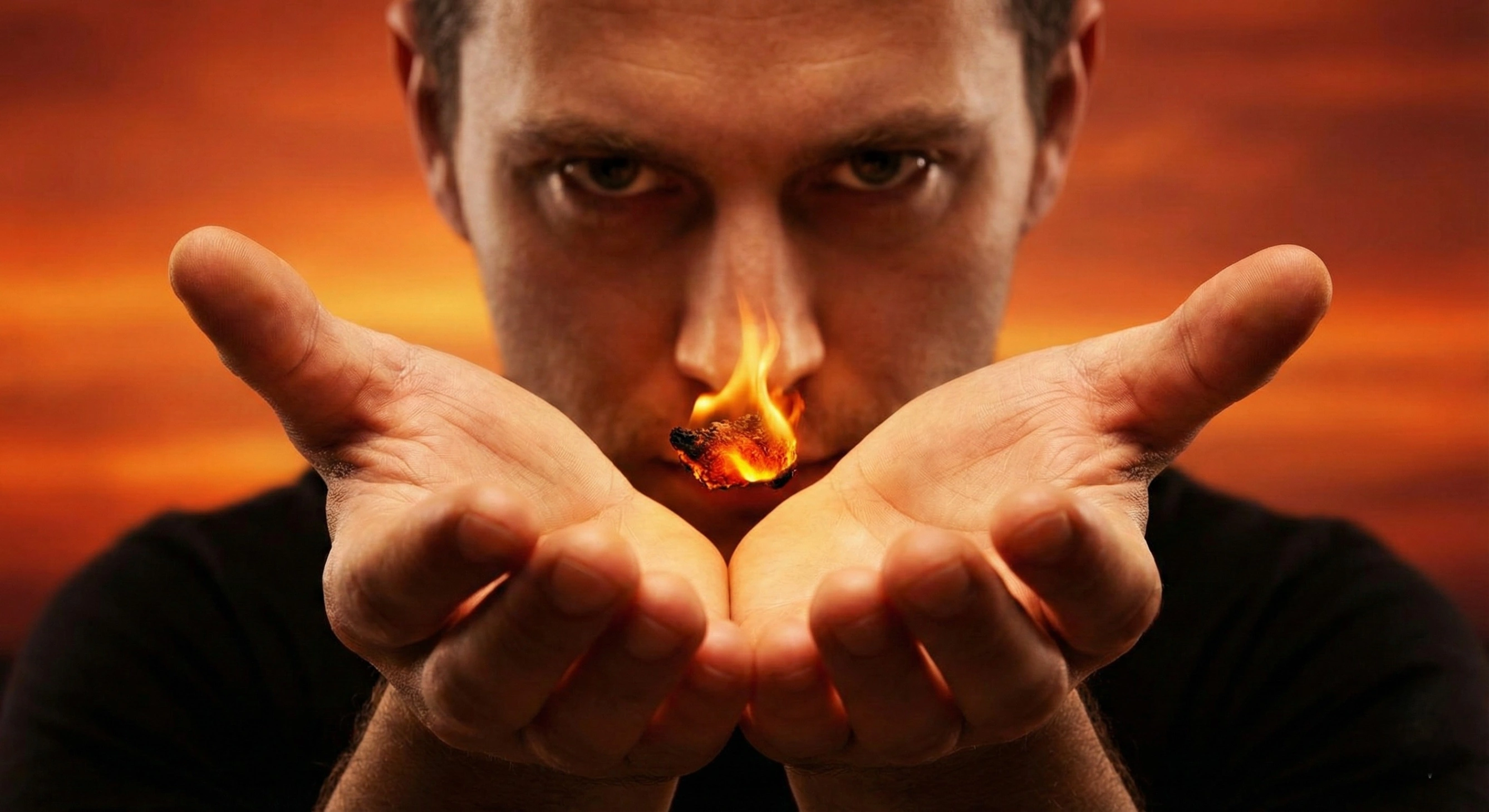 Man holding a small, glowing ember of fire, representing the spark of desire and willpower known as Iccha Shakti.