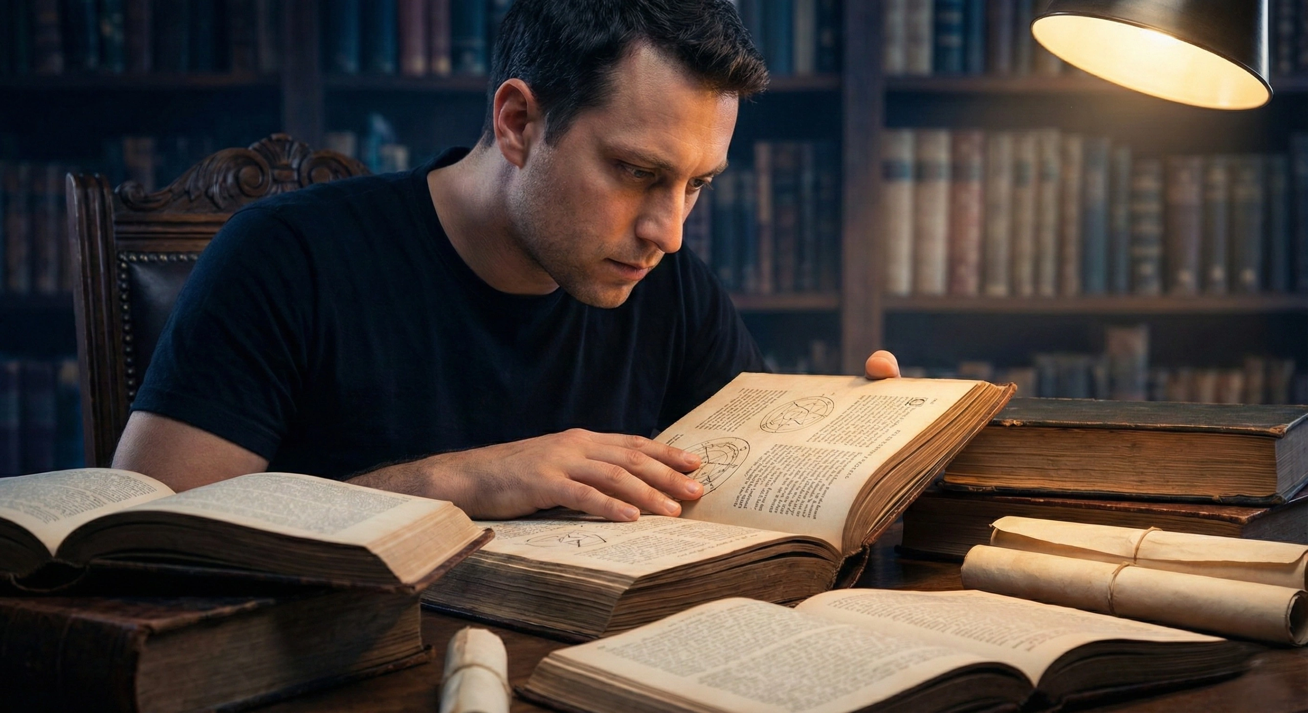 A man studying ancient books in a library, representing the acquisition of wisdom and planning known as Jnana Shakti.