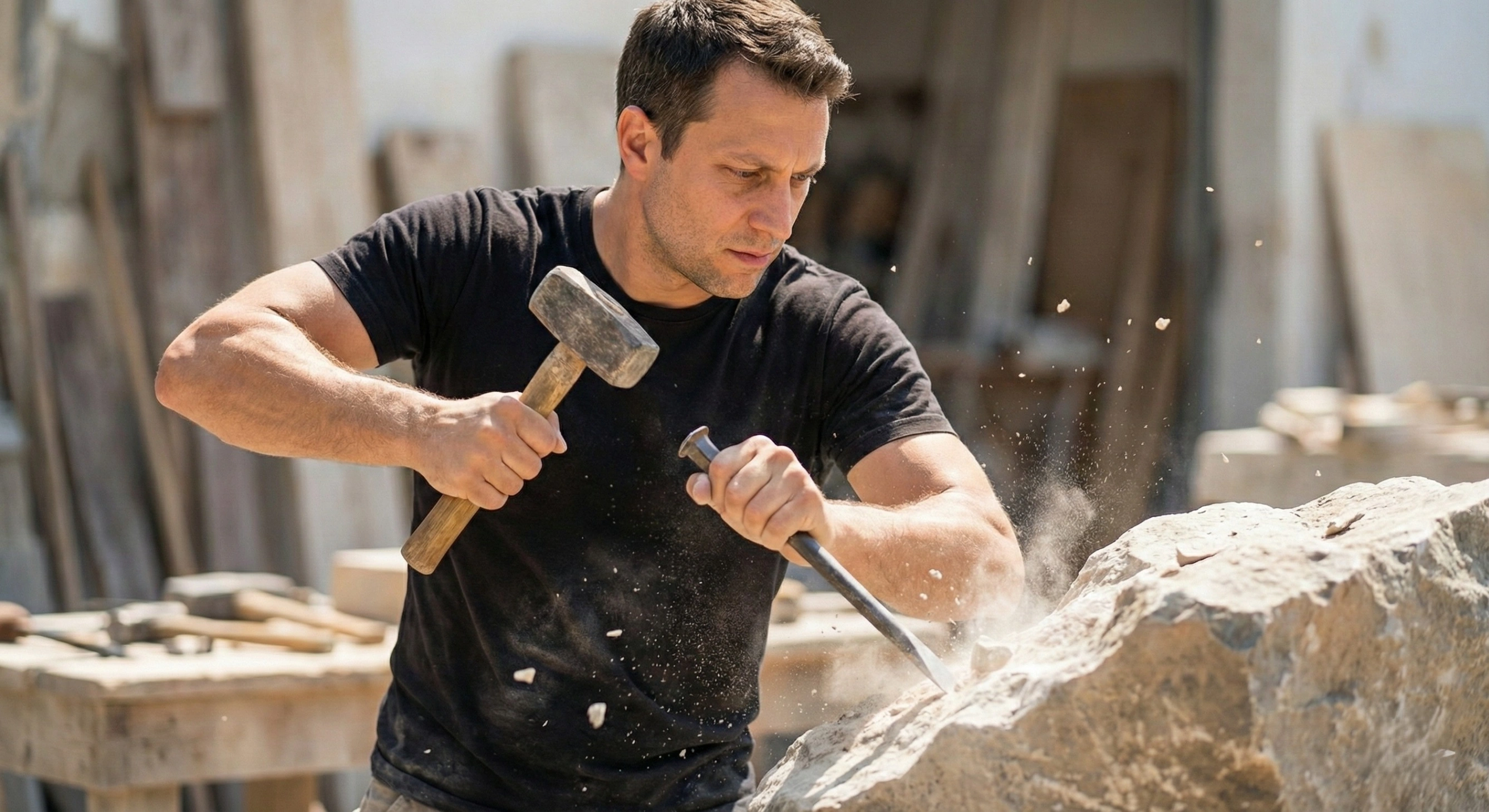 A man actively sculpting stone with a hammer and chisel, representing the power of action and manifestation known as Kriya Shakti.