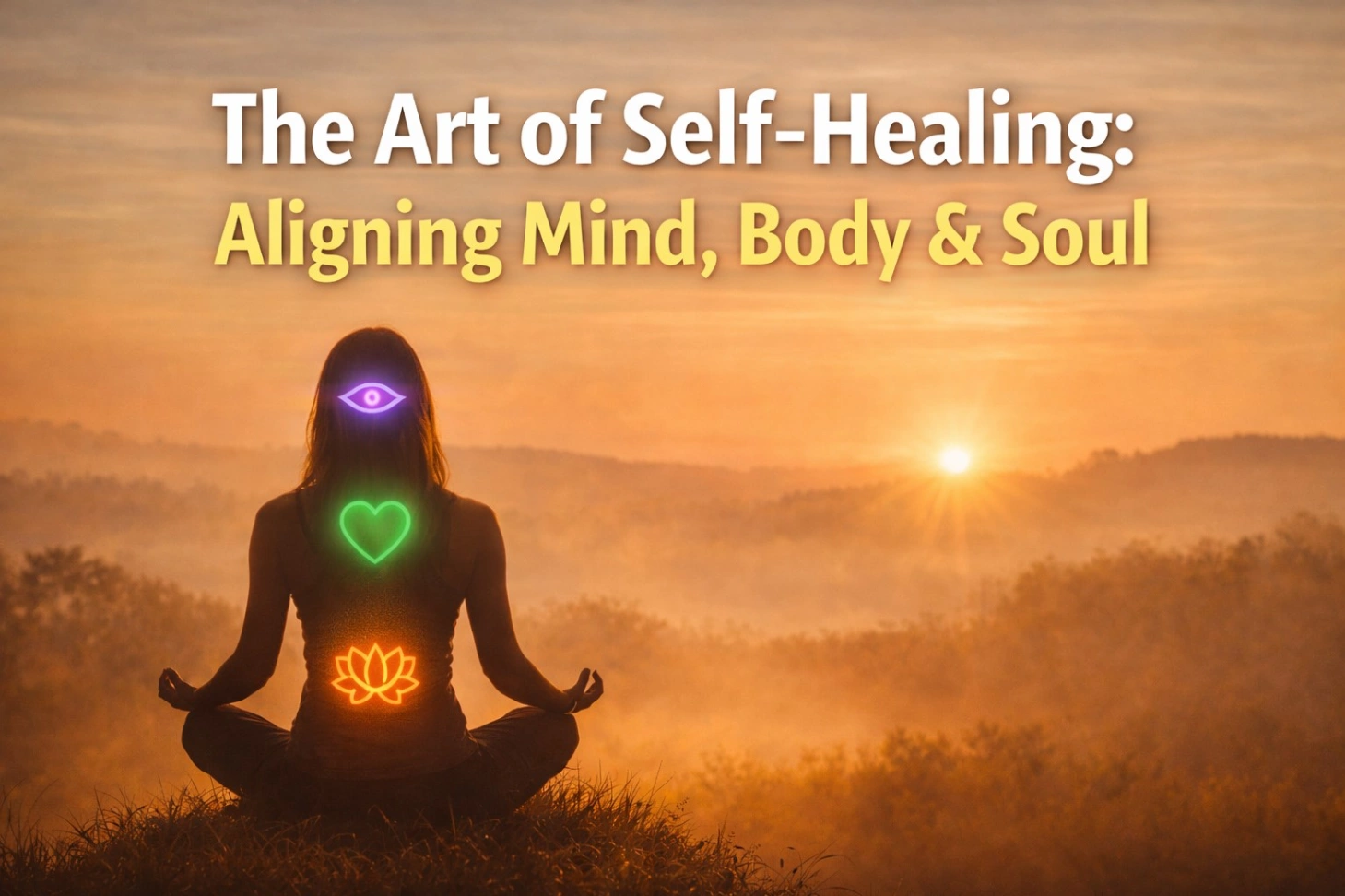 A calm and spiritual scene showing a person meditating in nature during sunrise, symbolizing self-healing and inner alignment, with bold text “The Art of Self-Healing: Aligning Mind, Body & Soul” representing emotional healing, balance, and inner peace.