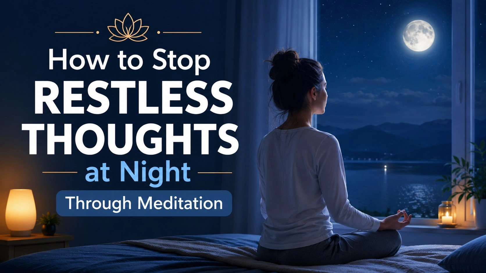 A peaceful woman meditating at night near a window under soft moonlight, with the bold title “How to Stop Restless Thoughts at Night Through Meditation.”