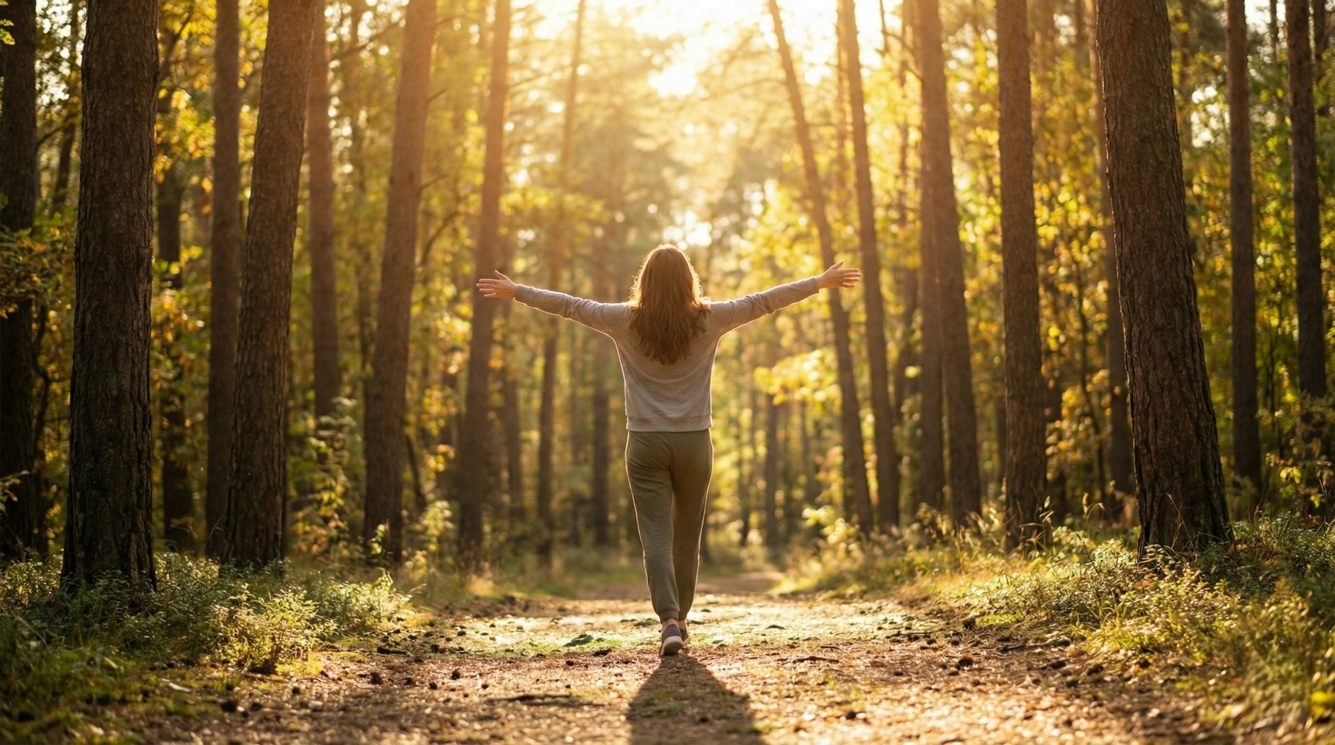 A woman walking on a sun-dappled forest path with her arms outstretched, looking up at the tall green trees. The scene evokes a sense of freedom and connection with nature.