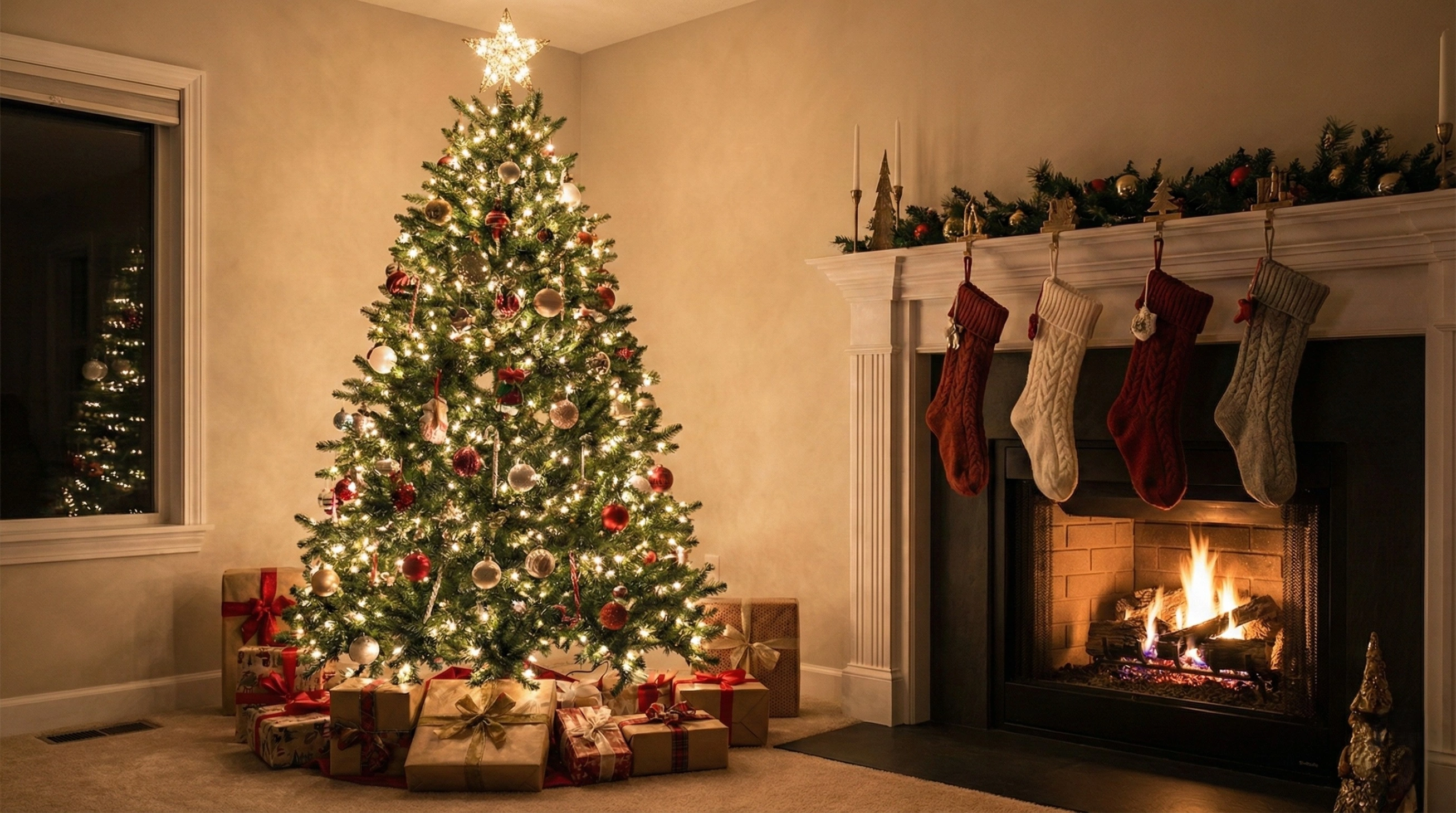 A cozy modern living room decorated for Christmas, featuring a lit Christmas tree with presents underneath and four knitted stockings hanging from a fireplace mantel.