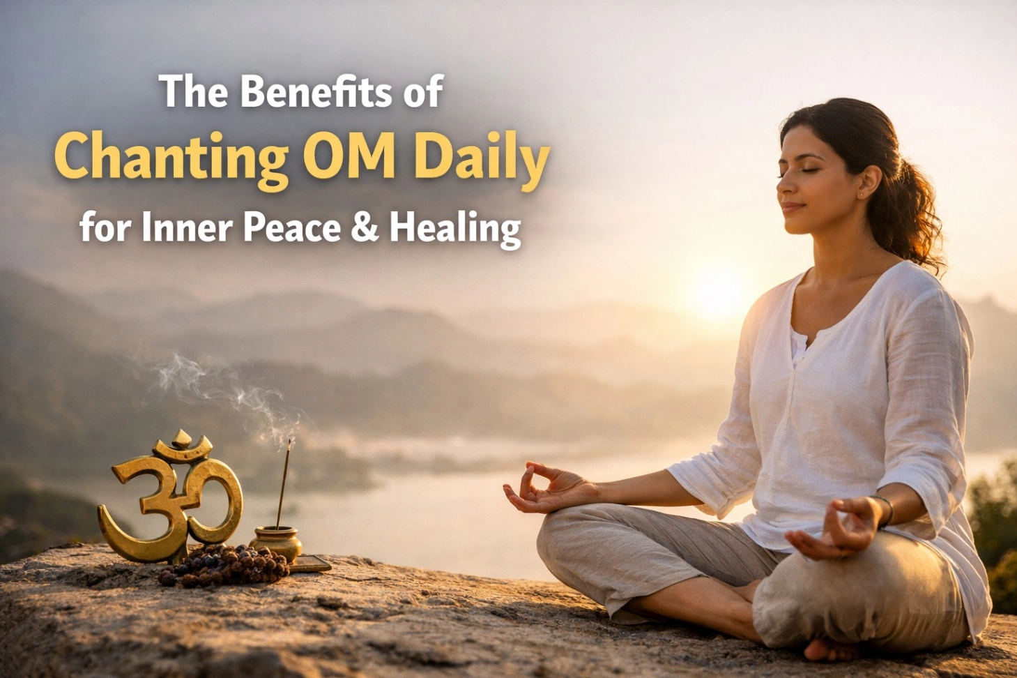 A serene 16:9 image of a woman meditating outdoors at sunrise, with an OM symbol, incense, and soft mountains in the background. Bold title text reads: “The Benefits of Chanting OM Daily for Inner Peace & Healing.”