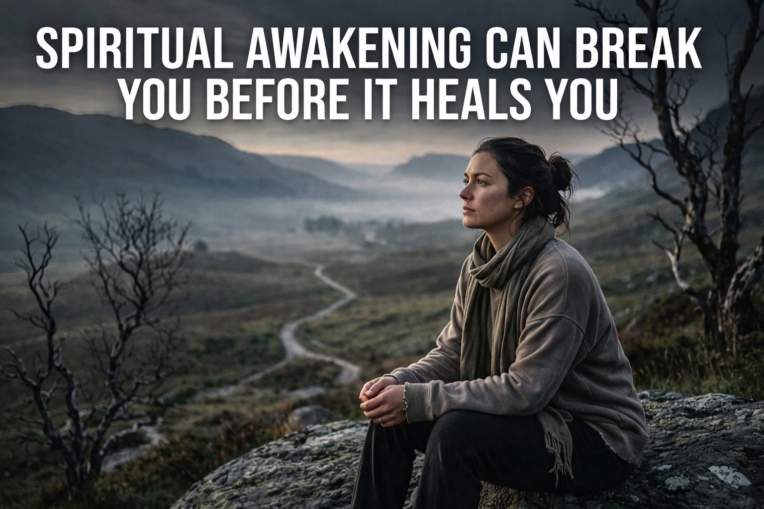 A woman sitting on a rock overlooking a misty valley during twilight, reflecting deeply, with bold text reading “Spiritual Awakening Can Break You Before It Heals You,” symbolizing the emotional journey of spiritual awakening.