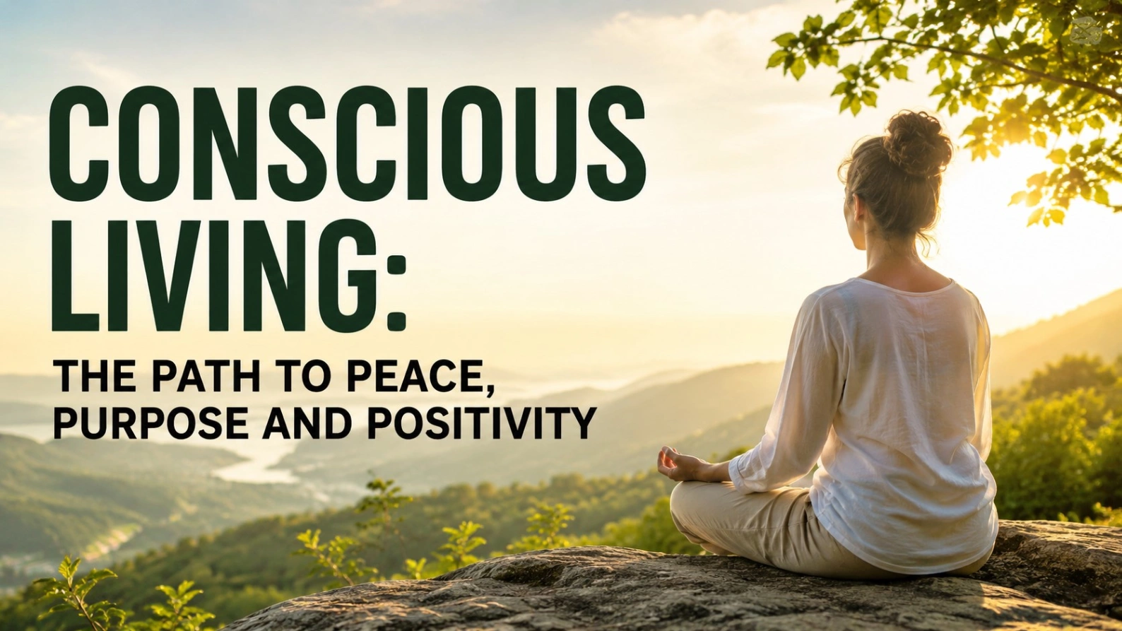 A person meditating in nature at sunrise with the bold title Conscious Living: The Path to Peace, Purpose and Positivity.
