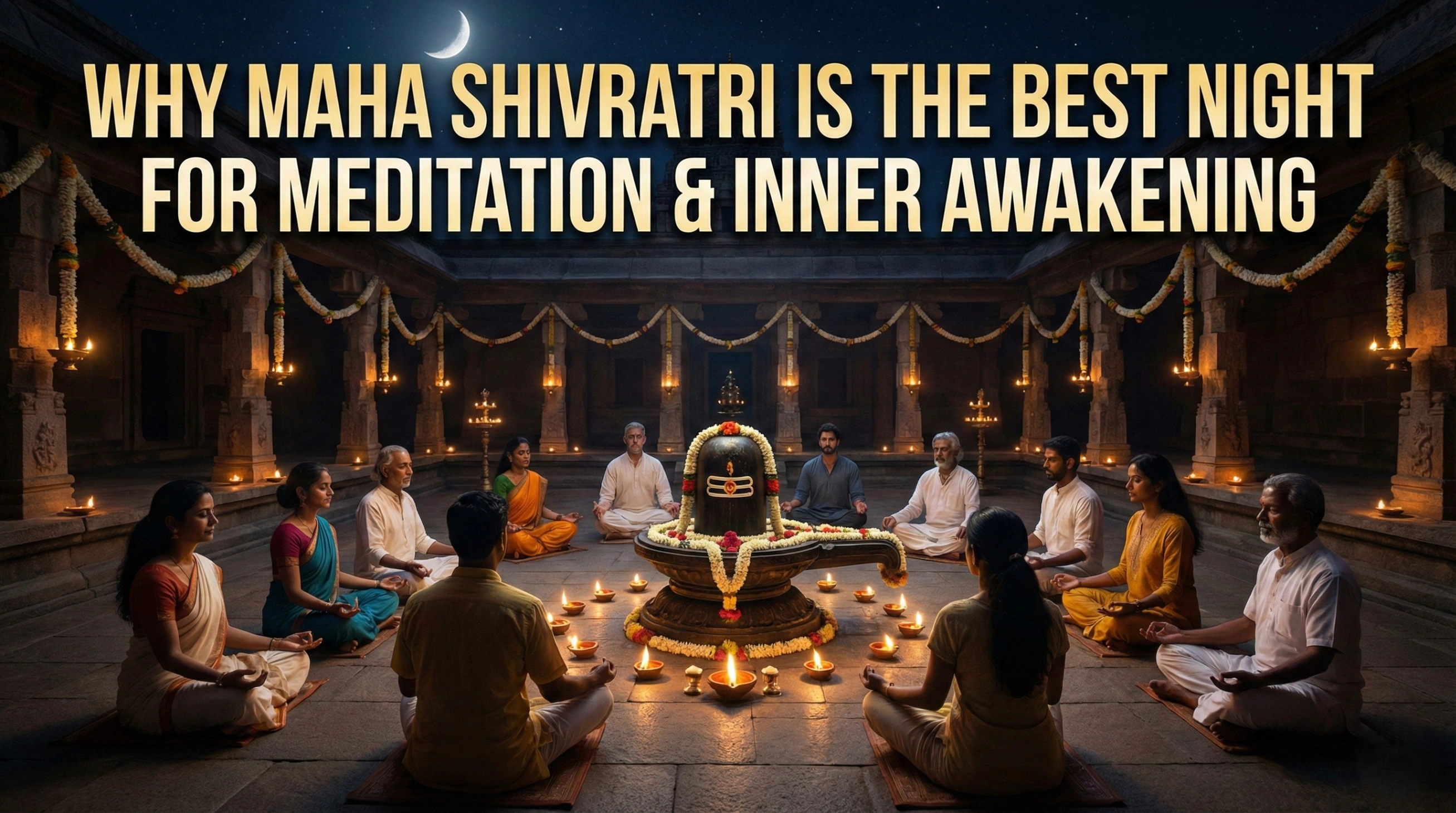 A night scene in a temple courtyard showing a diverse group of people sitting in meditation around a floral-adorned Shiva Lingam, lit by oil lamps under a crescent moon. Large text overlay at the top reads: 