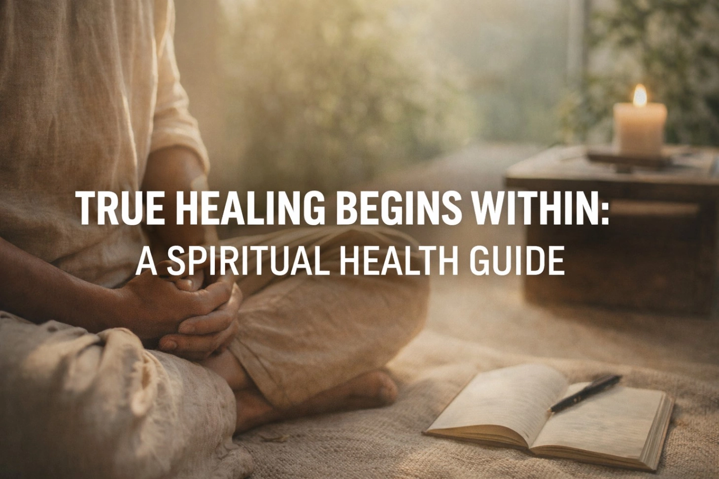 A calm, realistic image of a person sitting in meditation with a soft glowing light emerging from within, symbolizing inner healing and spiritual awakening, with the bold title “True Healing Begins Within: A Spiritual Health Guide” displayed prominently in a 16:9 layout.
