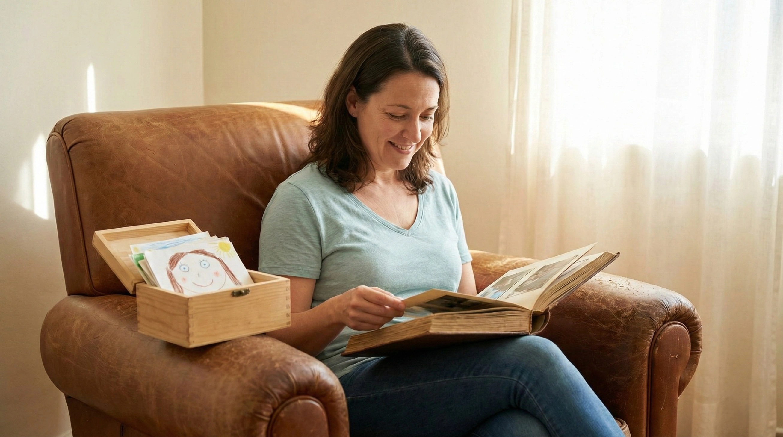 A smiling woman sits in a leather armchair, looking through an old photo album and a box of childhood drawings, reflecting on past memories.