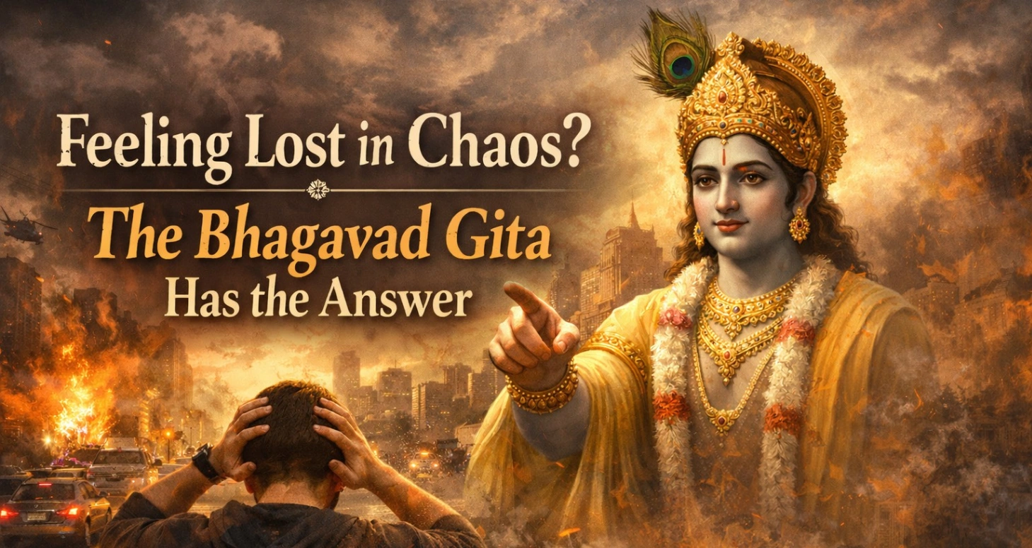 A distressed man standing in a burning, chaotic city looks overwhelmed, while Lord Krishna appears calm and radiant beside him, symbolizing guidance and inner peace amid chaos, with the title “Feeling Lost in Chaos? The Bhagavad Gita Has the Answer” displayed prominently.