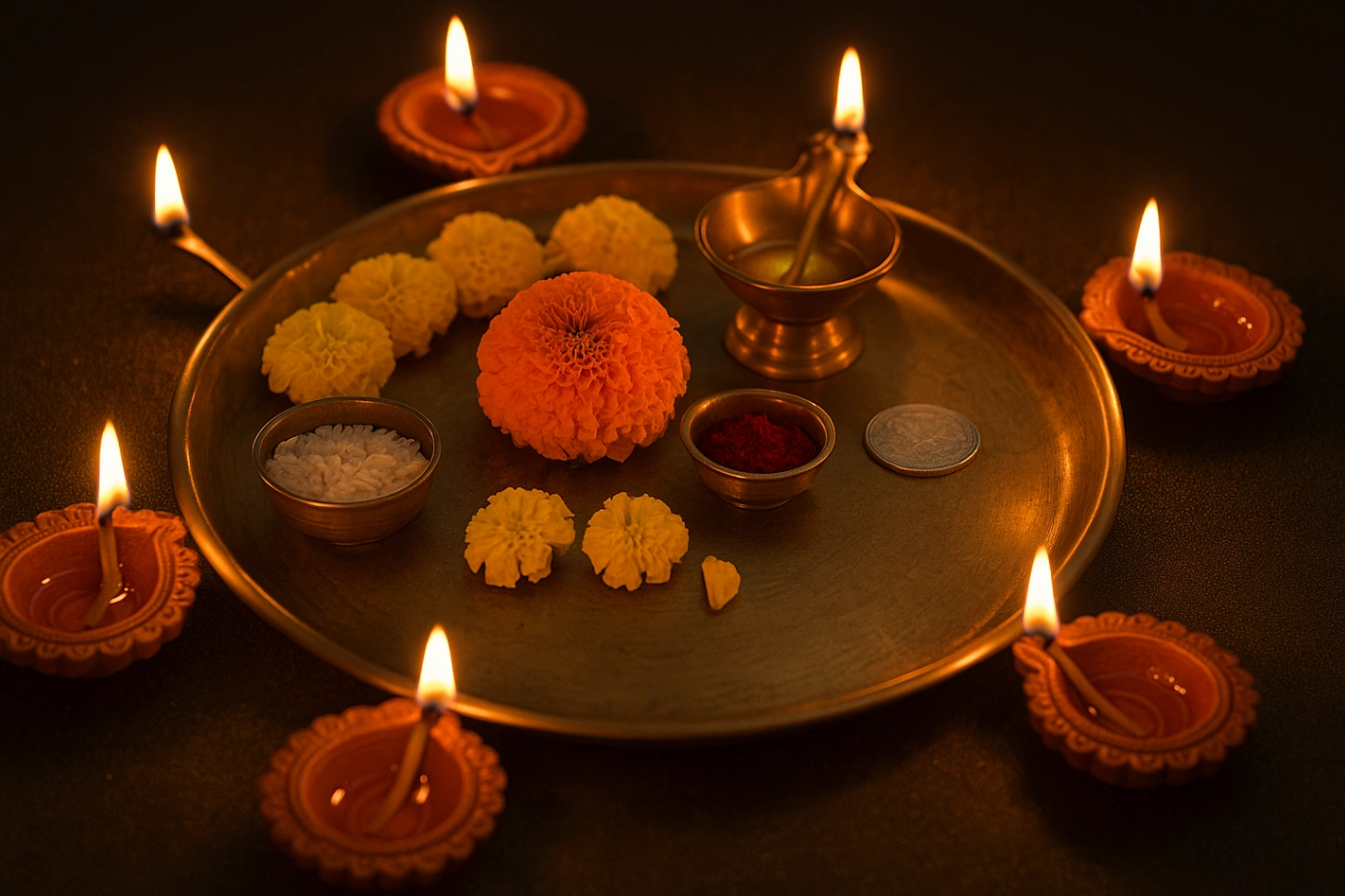 A traditional Diwali thali with glowing diyas, marigold flowers, and puja items radiating golden light, symbolizing inner illumination and the spiritual essence of Diwali 2025.