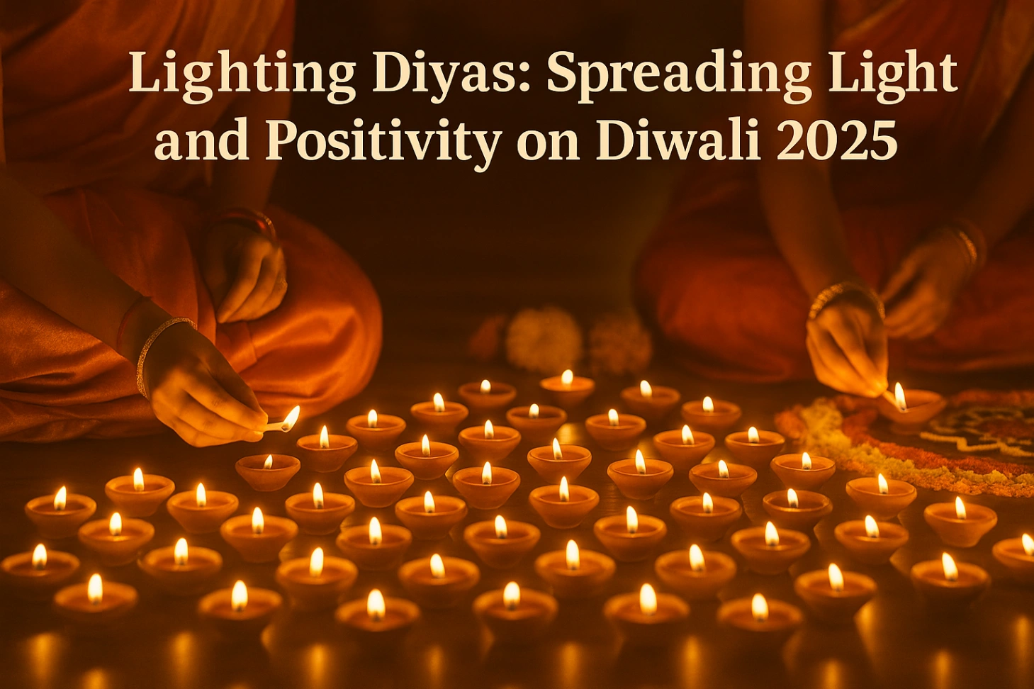 Devotees lighting rows of diyas during Diwali 2025 evening, surrounded by glowing lamps, rangoli, and warm golden light symbolizing positivity and inner awakening.