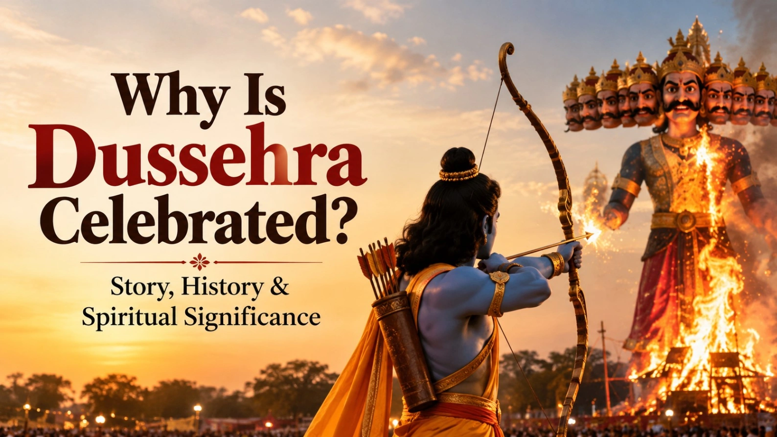 Lord Rama aiming an arrow at a burning Ravana effigy during Dussehra, illustrating the story, history, and spiritual significance of why Dussehra is celebrated.