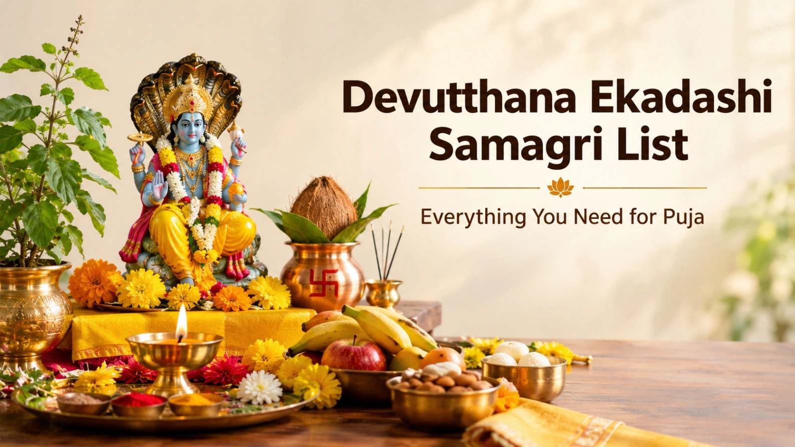 Devutthana Ekadashi Samagri List with a Lord Vishnu idol, yellow marigold flowers, Tulsi plant, lit diya, brass kalash, fruits, sweets, and traditional Hindu puja offerings.