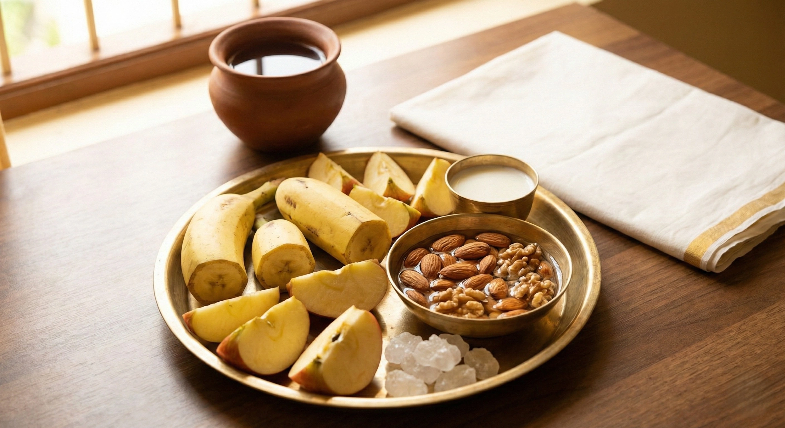 A brass plate with Ekadashi fasting foods, including cut bananas, apples, a bowl of almonds and walnuts, and a cup of milk, arranged on a wooden table.