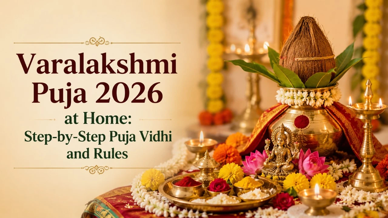 Varalakshmi Puja 2026 at home setup with decorated kalash, coconut, mango leaves, Goddess Lakshmi idol, flowers, diyas, and puja samagri.
