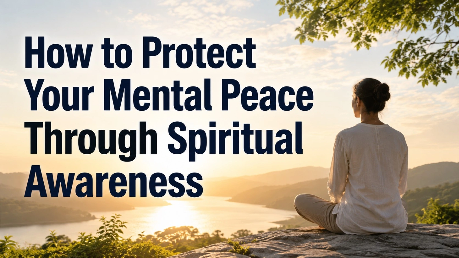 A peaceful person meditating near serene waters at sunrise with bold title text, “How to Protect Your Mental Peace Through Spiritual Awareness.”