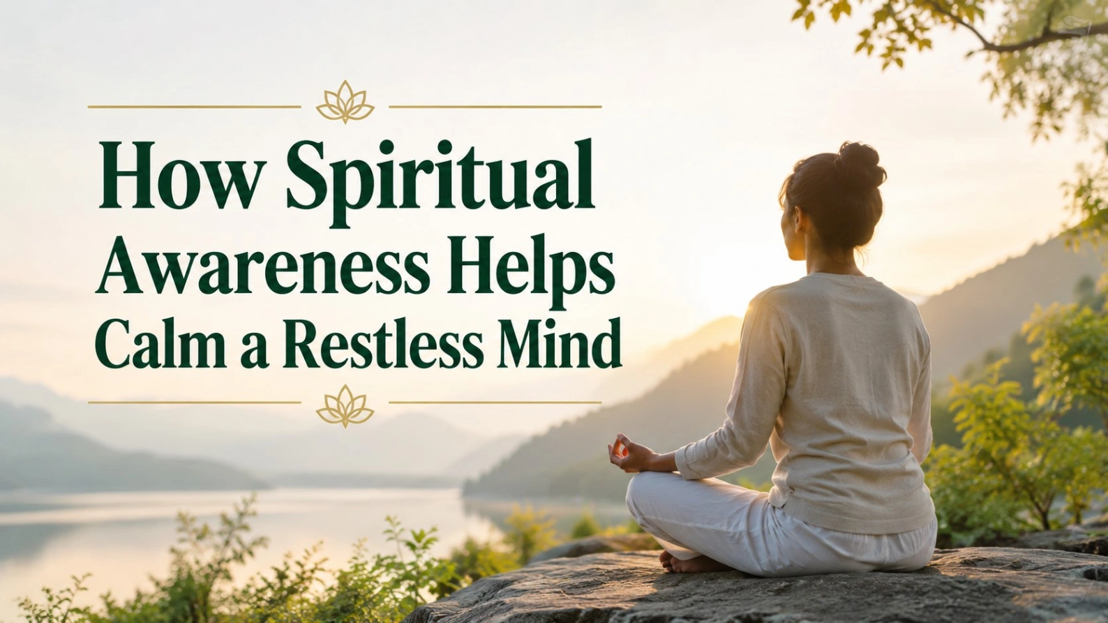 A woman meditating peacefully beside a calm lake at sunrise, with mountains and soft greenery in the background. Bold text reads “How Spiritual Awareness Helps Calm a Restless Mind.”