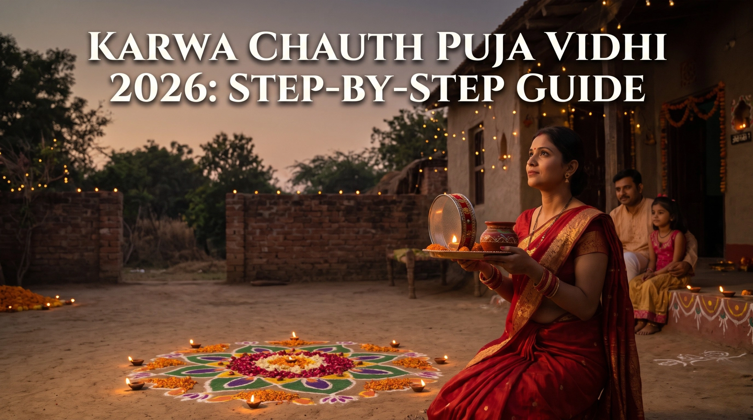 Woman performing Karwa Chauth 2026 rituals on a rooftop, holding a decorated sieve and puja thali with a glowing diya under the full moon.