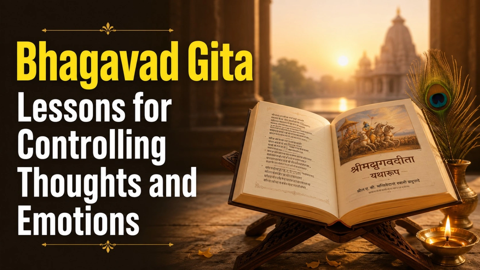 Open Bhagavad Gita on a wooden stand beside a glowing diya and peacock feather, with a temple at sunrise and bold text reading “Bhagavad Gita Lessons for Controlling Thoughts and Emotions.”