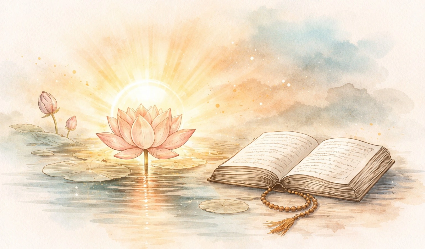 Soft watercolor spiritual illustration in 16:9 format featuring a pink lotus blooming at sunrise over calm water, outlined in delicate charcoal line art with a subtle golden aura. An open scripture rests beside the lotus, surrounded by gentle washes of saffron, muted teal, deep indigo, and warm ivory on textured watercolor paper. The composition is centered, serene, and minimal with generous negative space, evoking sacred stillness, inner peace, and timeless spiritual depth suitable for a premium Bhagavad Geeta blog.