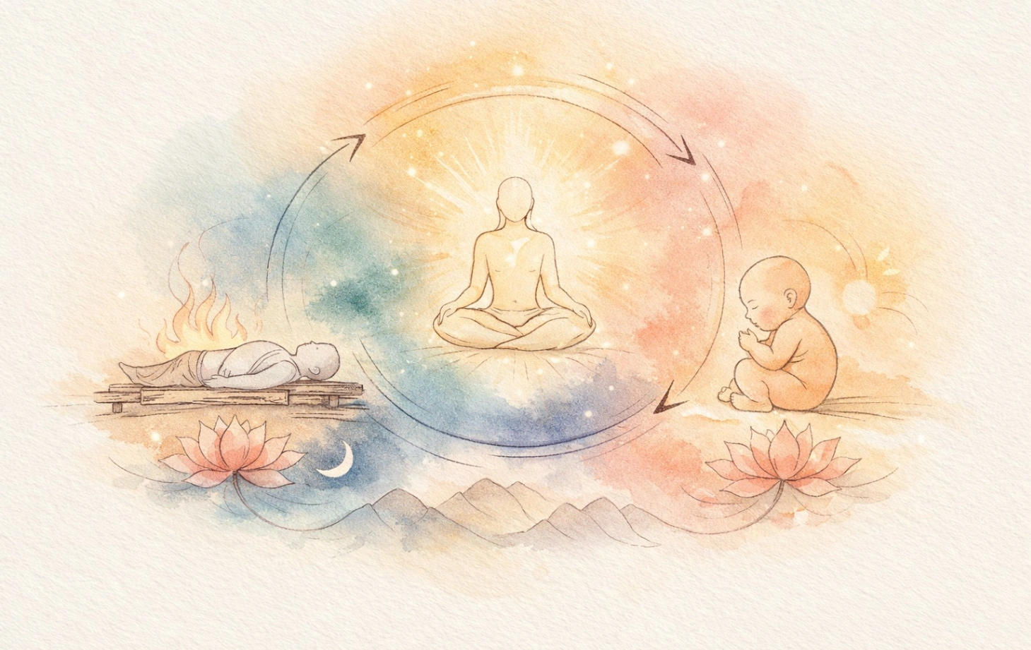 Soft watercolor spiritual illustration symbolizing the cycle of birth, death, and liberation of the soul. A central meditative figure radiates golden light, surrounded by a circular flow connecting a funeral pyre on one side and a newborn child on the other. Lotus flowers, subtle mountains, and a crescent moon rest below, all rendered in delicate charcoal line art with flowing washes of saffron, muted teal, lotus pink, deep indigo, and warm ivory on textured watercolor paper. The composition is symmetrical, serene, and minimal, with generous negative space and a sacred, timeless atmosphere suitable for a Bhagavad Geeta blog.