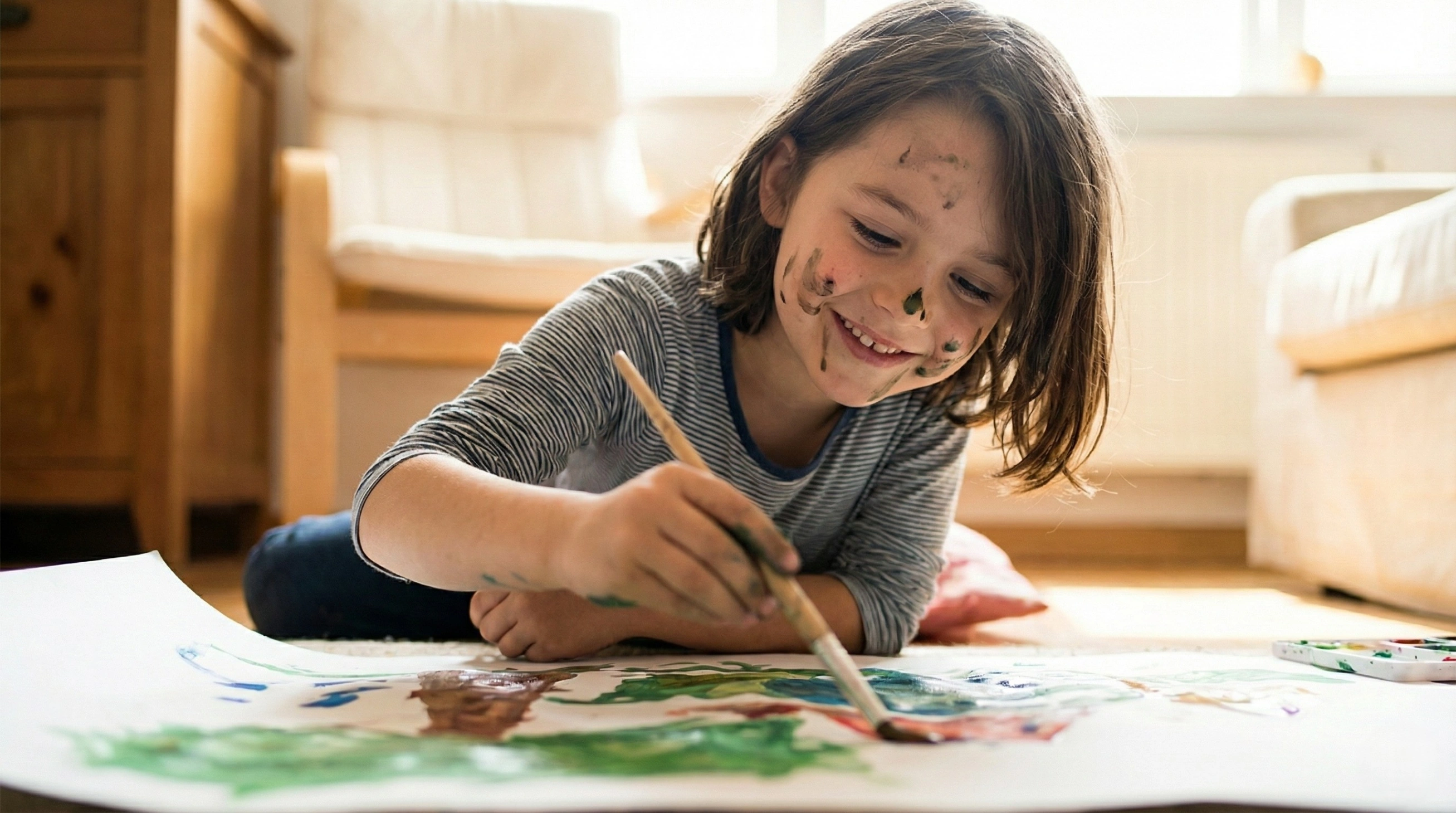 A young child happily painting on the floor, illustrating the joy of childhood hobbies.