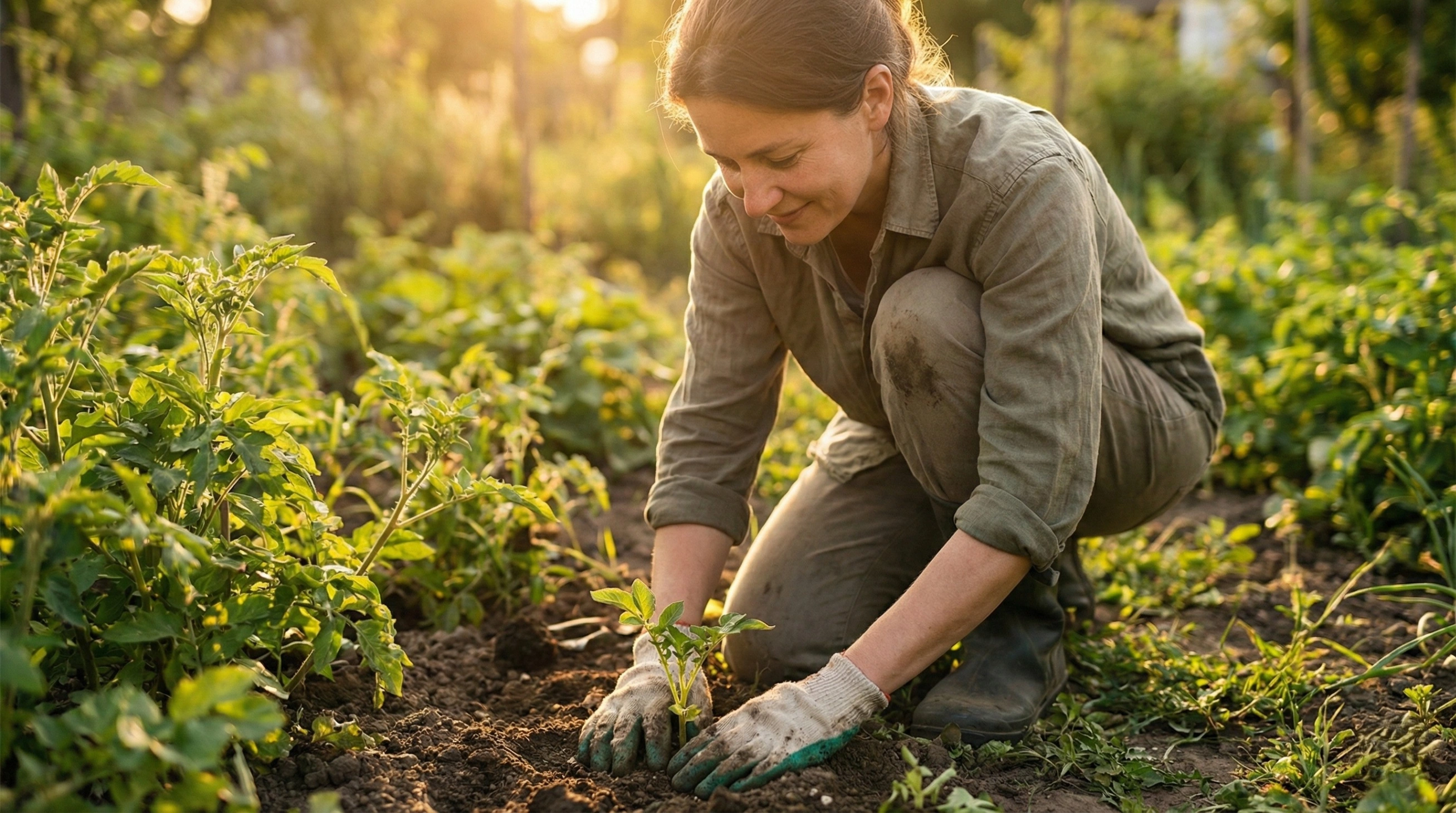 A person gardening in a sunlit garden, showing deep engagement and a state of flow.