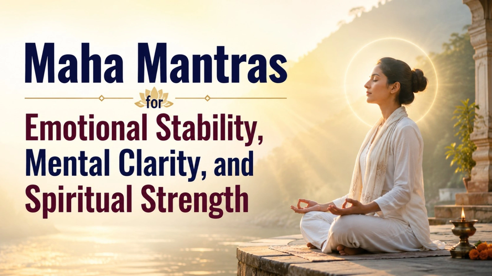 Meditating woman by a peaceful riverside with bold title Maha Mantras for Emotional Stability, Mental Clarity, and Spiritual Strength.