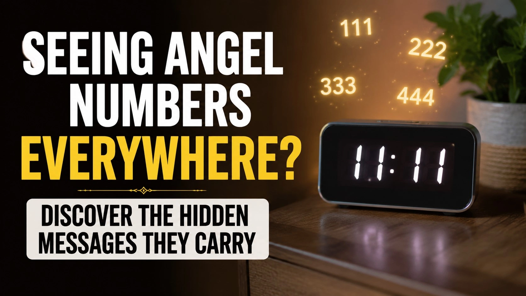 Seeing Angel Numbers Everywhere? A spiritual illustration showing repeating angel numbers like 111, 222, 333, and 444 glowing around a digital clock displaying 11:11, representing divine messages, spiritual signs, and hidden meanings from the universe.