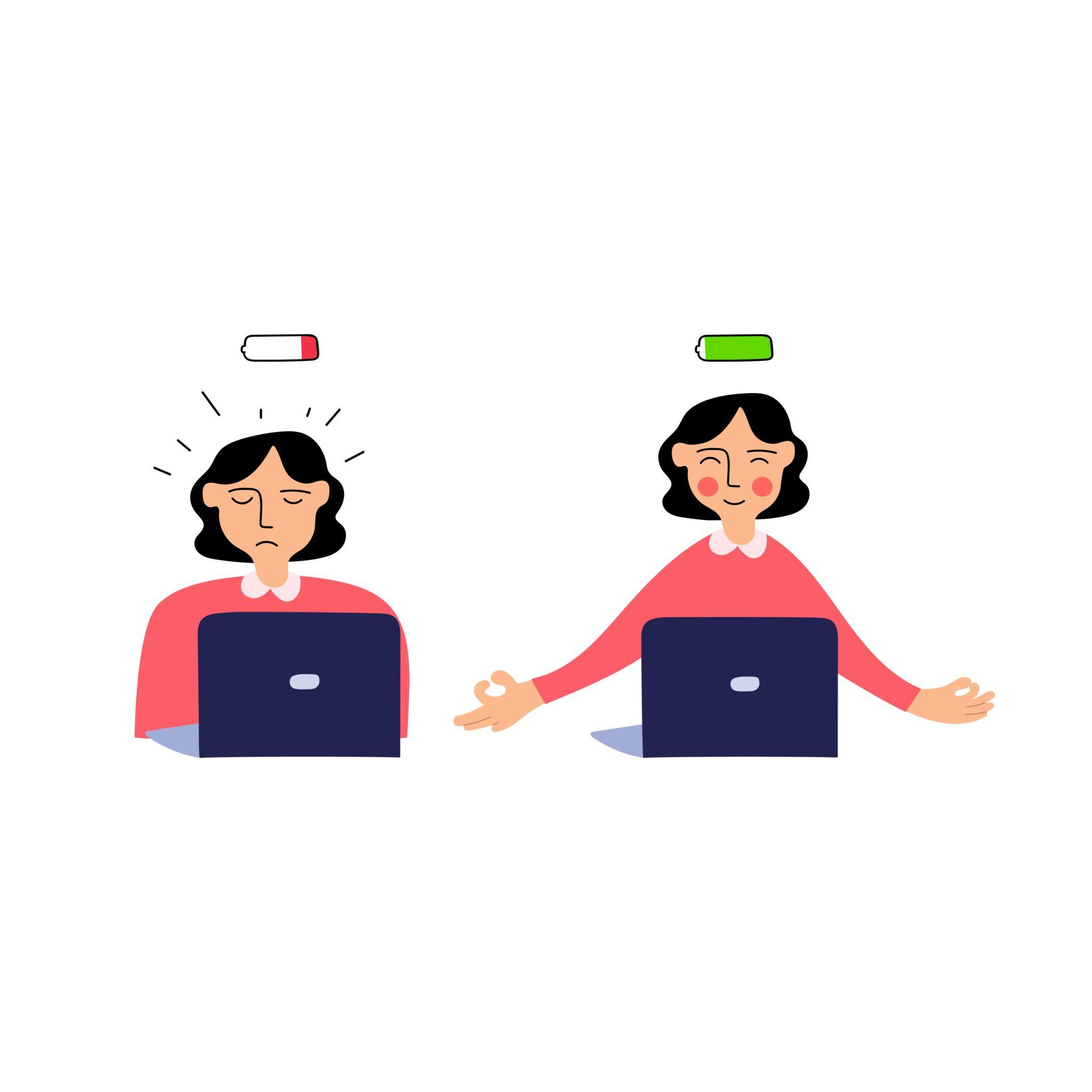 One woman burnout and have stress and another meditates at work.